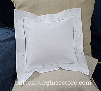 Hemstitch Baby Pillow, Green Polka Dots, 12"x12". Sham only - Click Image to Close